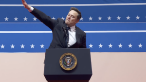 Elon Musk’s gesture during an Inauguration Day rally ignited debate over whether he intended to deliver what looked like a Nazi salute, Jan. 20, 2025. (Screenshot)